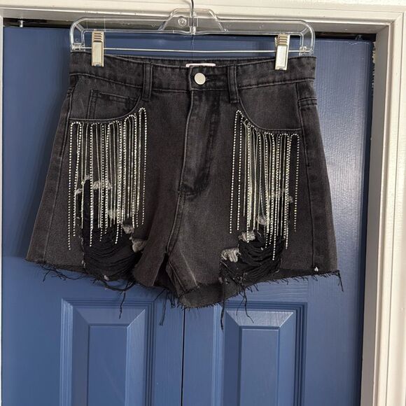 Pink Lily Black Rhinestone Fringe Festival Shorts Size Small - Picture 1 of 5